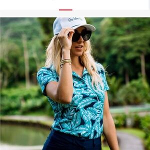 Kenny Flowers THE WAILEA Blue Leaf Print LADIES GOLF POLO Sz:S NWOT